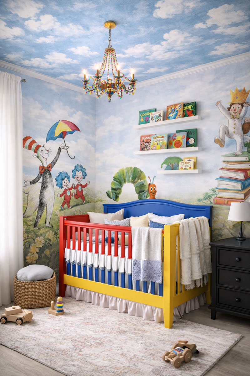 Cloud mural painted on a nursery wall as part of a Dr. Seuss themed baby nursery