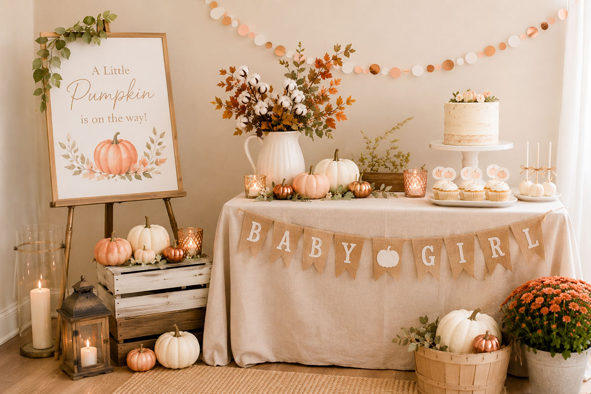 Budget-friendly Little Pumpkin baby shower display with wood crates, paper decorations, cake, faux pumpkins and simple table linens