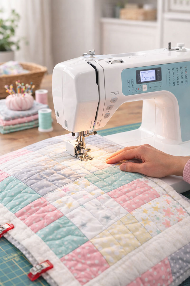 Home sewing machine suitable for quilting crib-size baby quilts