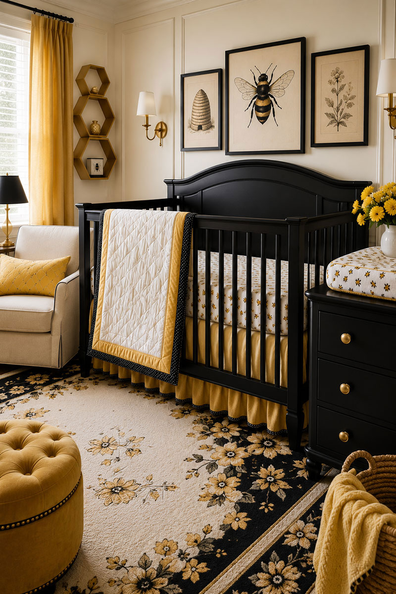 Bumble bee crib bedding with yellow accents and framed honey bee nursery art