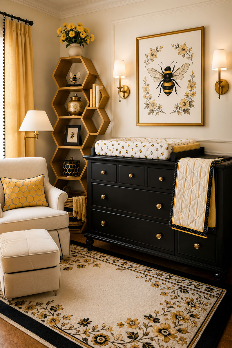 Bumble bee nursery details with honeycomb storage, framed bee print, and yellow nursery accents