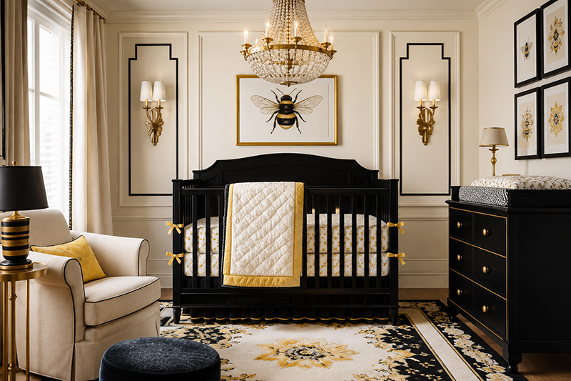 Bumble bee nursery ideas with honey bee wall art, honeycomb decor, and a sweet bee themed baby room design
