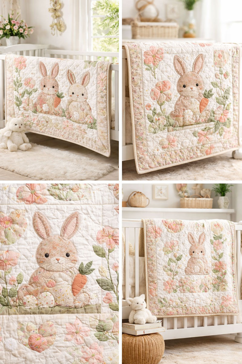 Bunny baby quilt pattern with clearly defined appliqué rabbits in blush and sage floral woodland nursery style