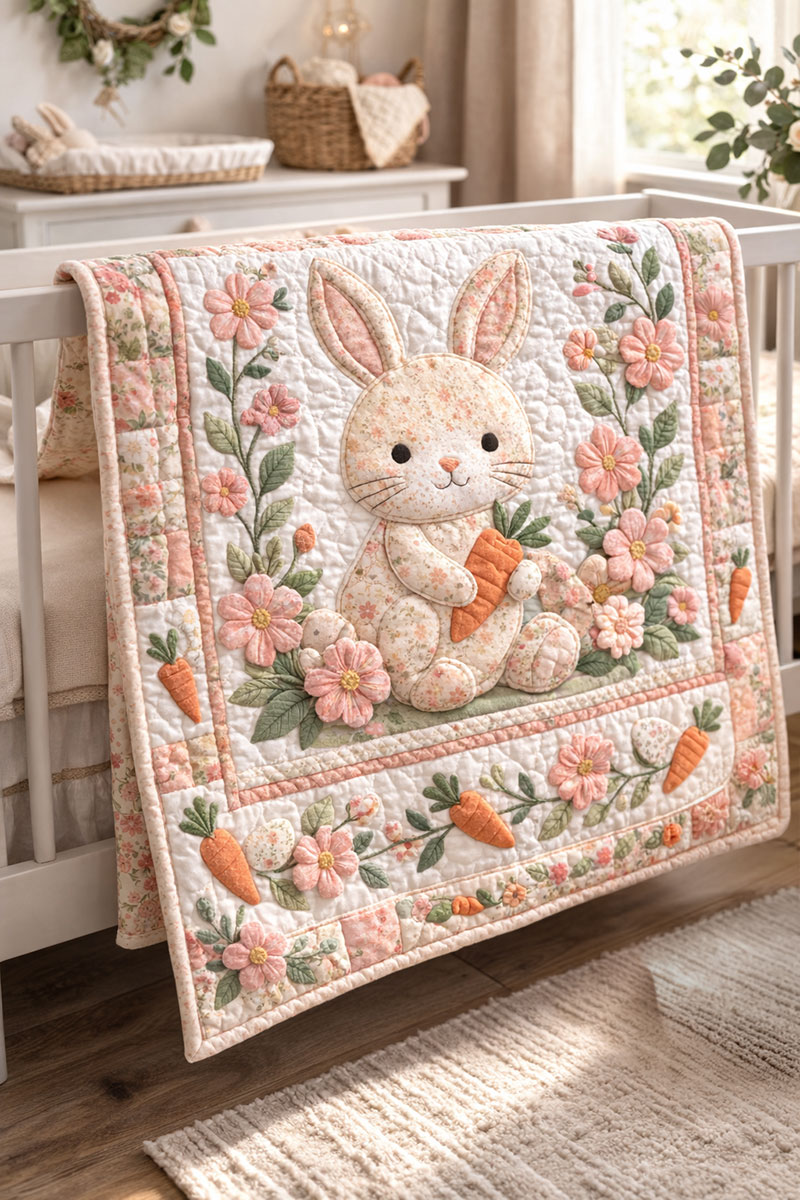 Bunny baby quilt pattern draped over crib rail as decorative nursery textile