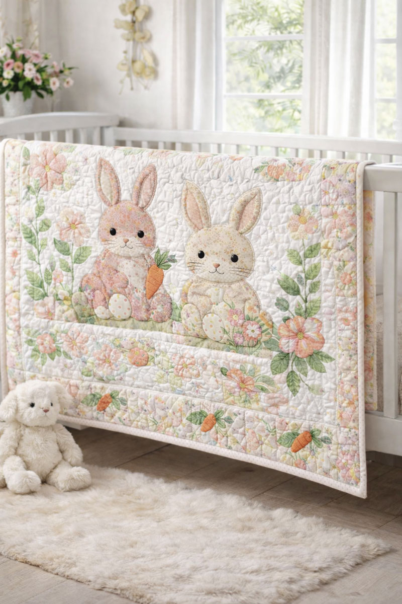 Bunny baby quilt pattern in warm cream with blush and sage floral appliqué rabbits styled in a neutral nursery