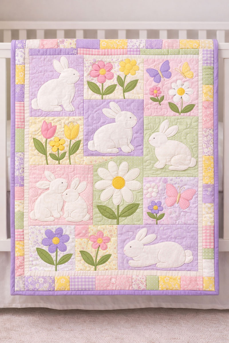 bunny crib quilt pattern with pastel spring fabrics and rabbit silhouettes