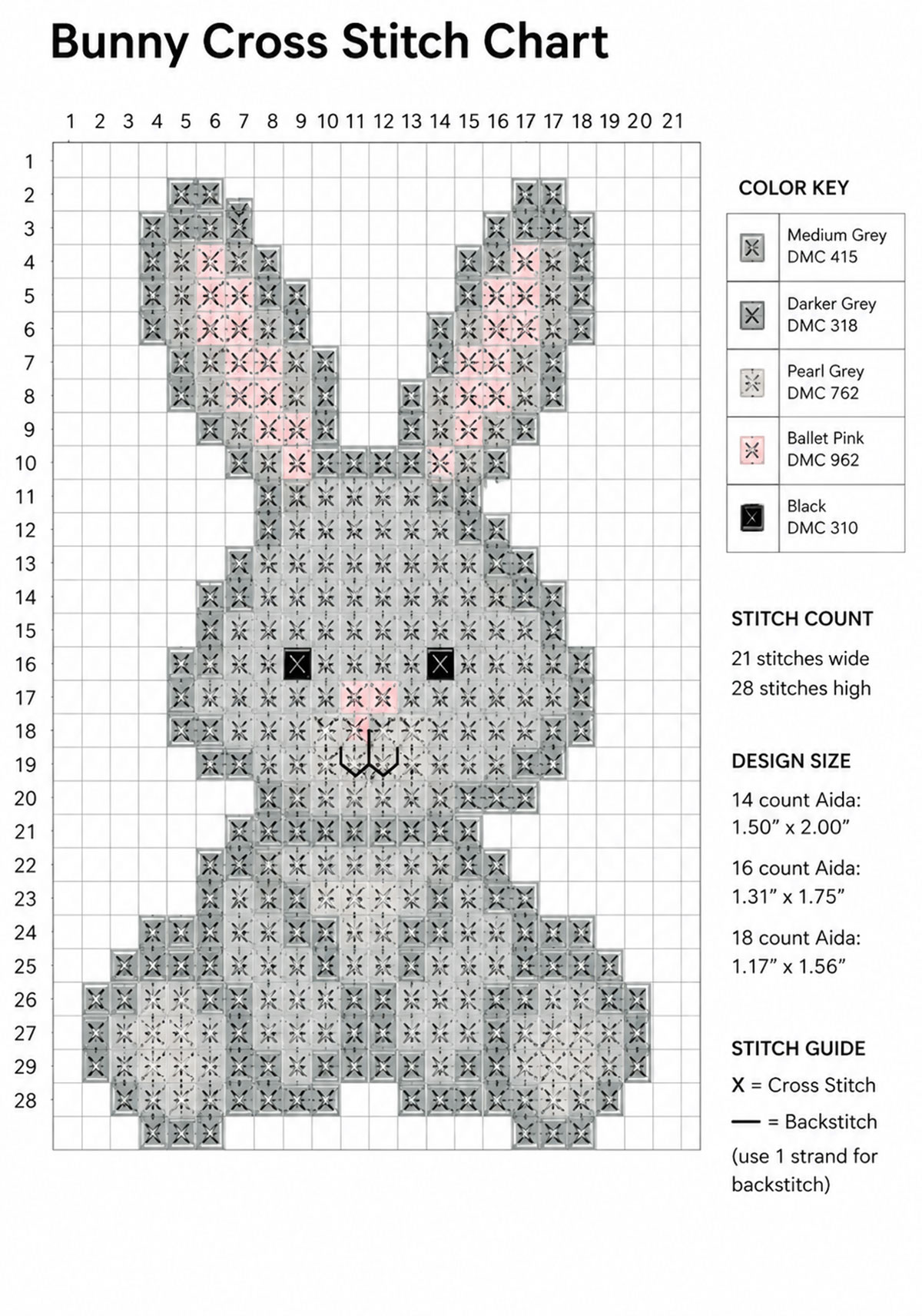 Bunny cross stitch chart with gray seated rabbit, pink inner ears and nose, black embroidered face, darker gray arm and leg outlines, and pearl gray centers