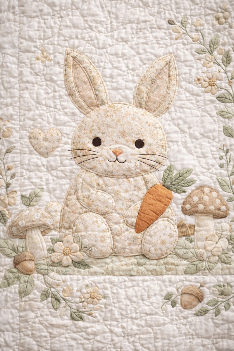Bunny quilt block in woodland neutral style with simple rabbit shape and botanical border
