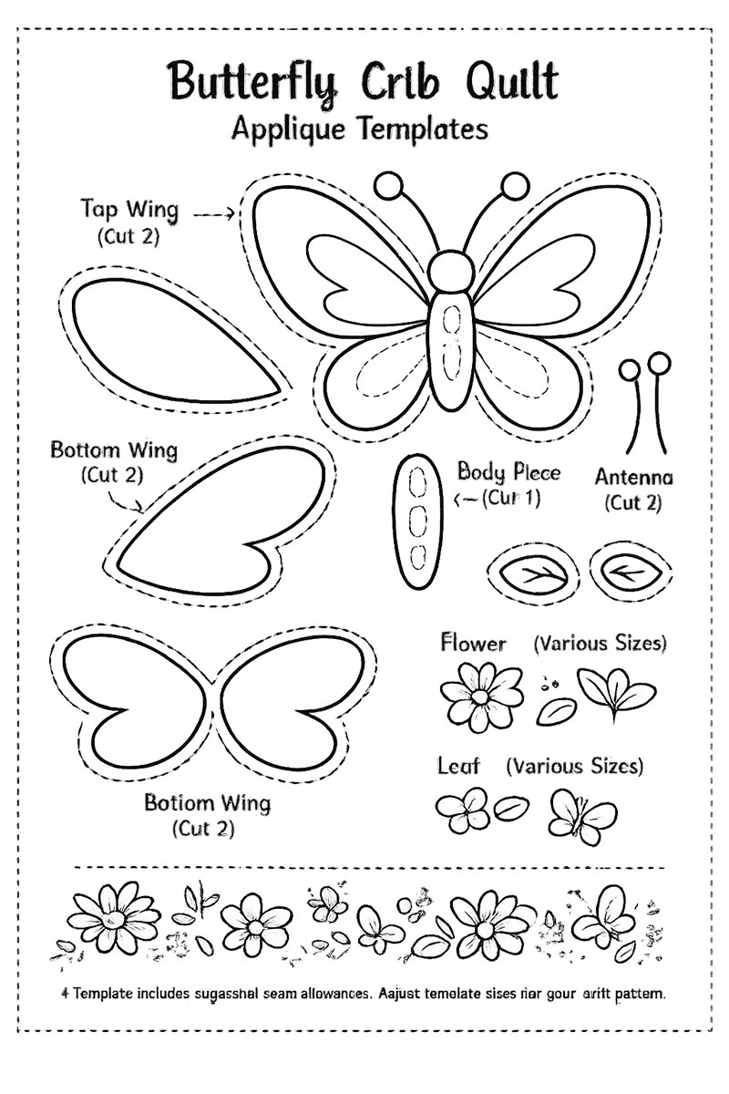 butterfly crib quilt applique templates showing wing, body, and antenna line drawing pieces for quilting