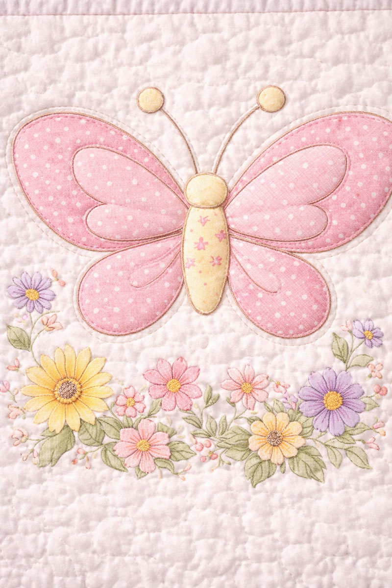 butterfly crib quilt pattern applique detail with altered wing shape and stitched edge