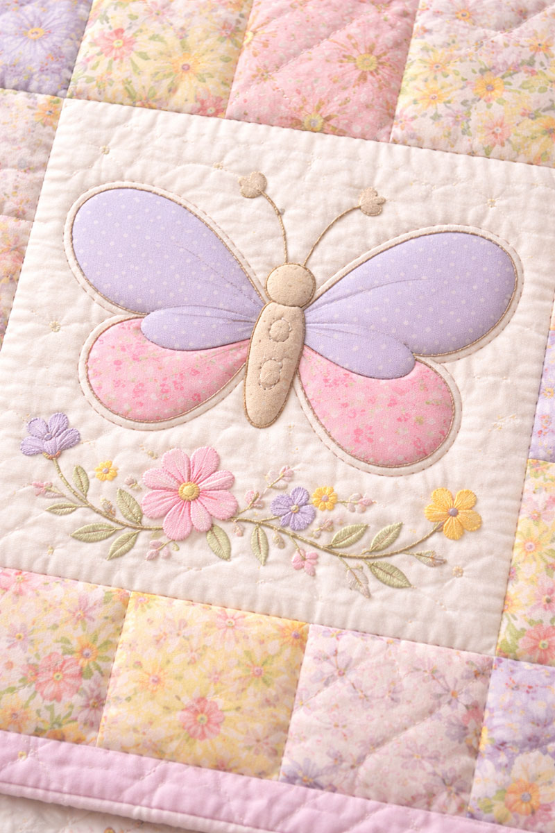 butterfly crib quilt pattern block with applique wings and stitched outline
