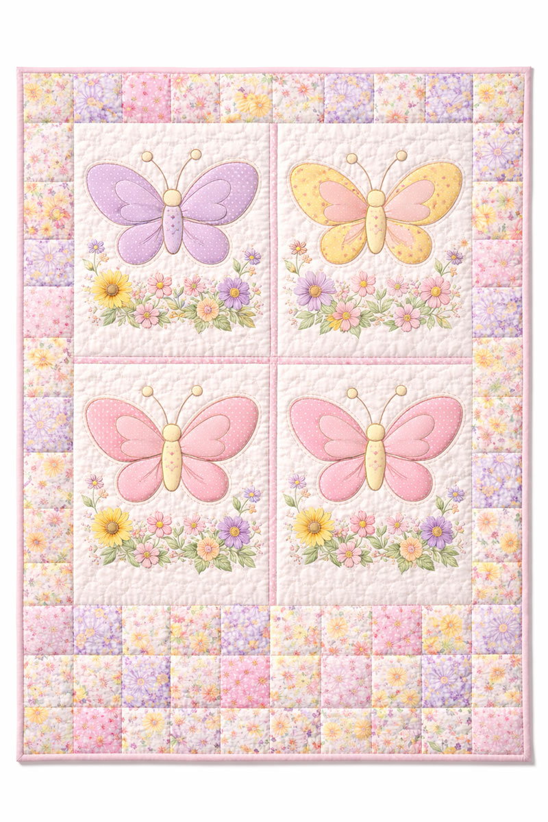 butterfly crib quilt pattern layout shown across a crib-size quilt design