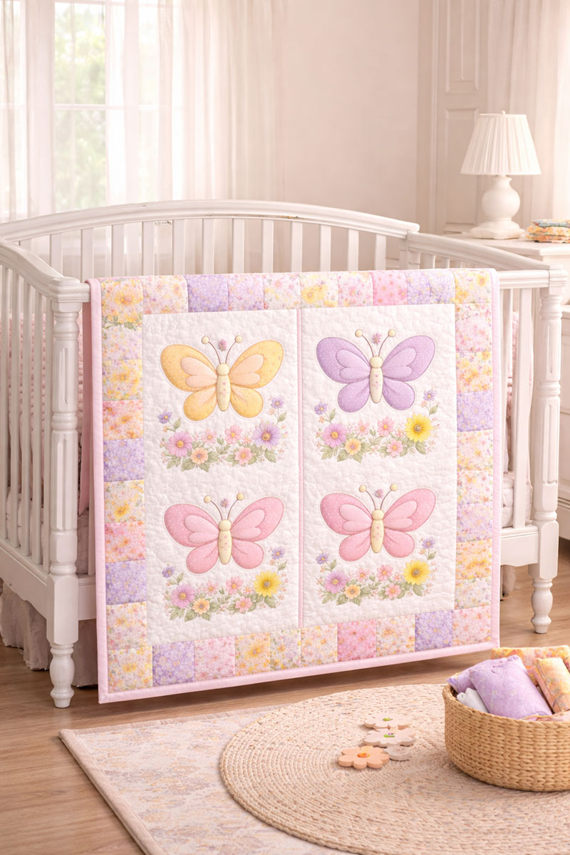 butterfly crib quilt pattern displayed in nursery for decor and supervised use