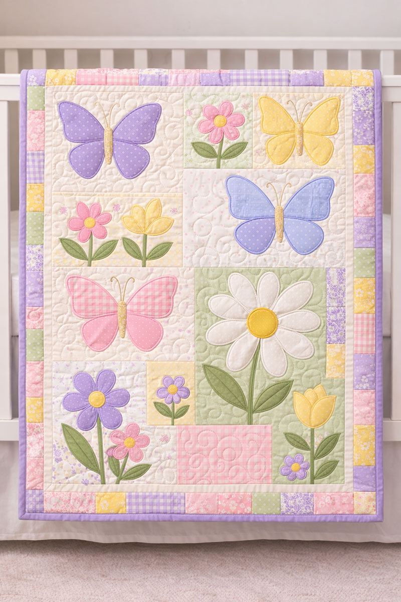 butterfly crib quilt pattern in lavender blush and pastel nursery fabrics