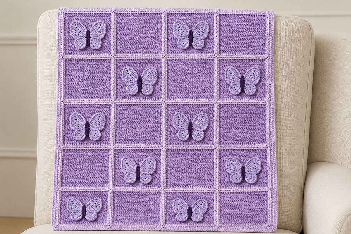 Four by five layout of lavender framed crochet squares with ten dimensional butterfly appliques alternating with ten plain squares