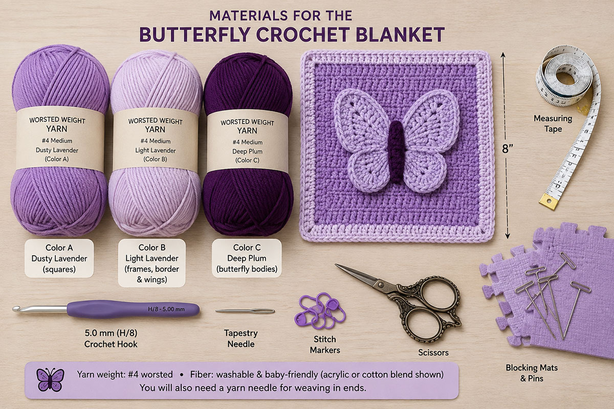 Dusty lavender light lavender and deep plum worsted weight yarn with crochet hook tapestry needle stitch markers scissors measuring tape and blocking supplies for a butterfly crochet baby blanket