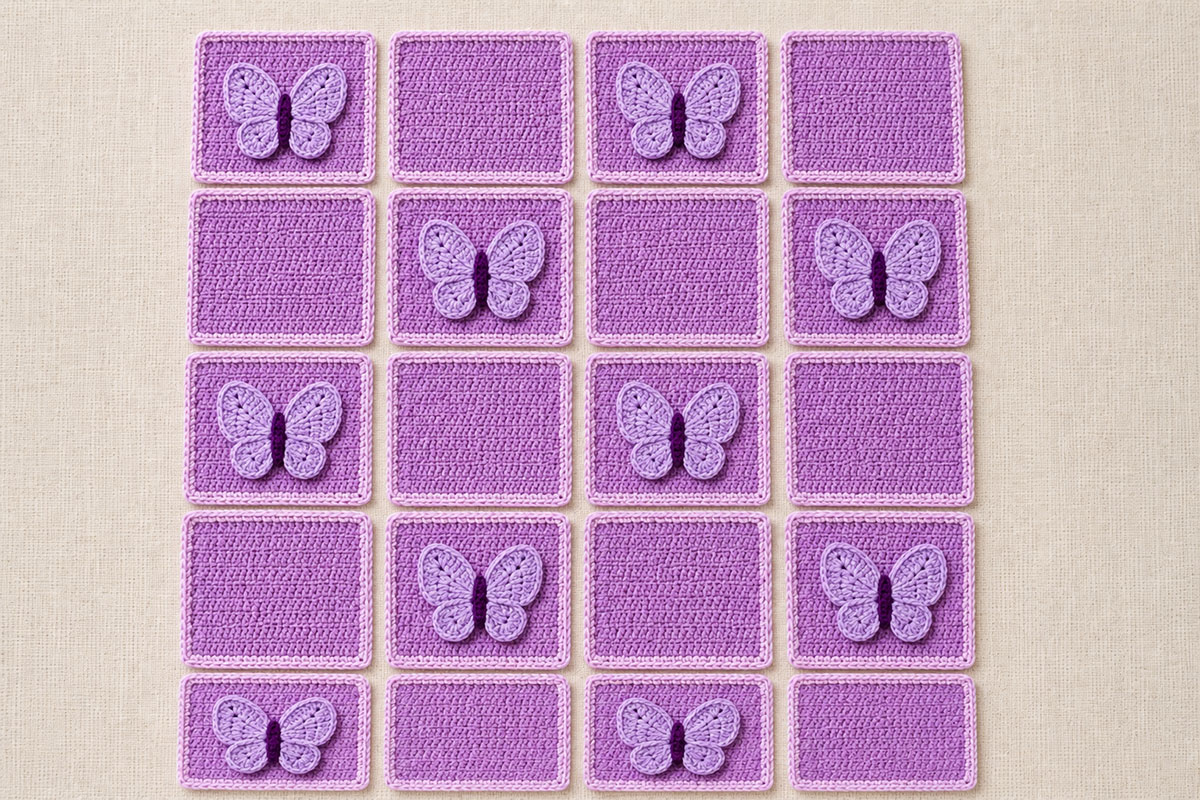 Twenty framed crochet blanket squares arranged in a four by five checkerboard grid with ten dimensional butterfly appliqués alternating with ten plain squares
