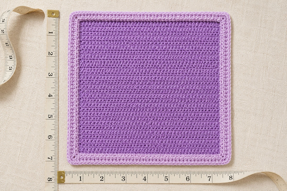 Eight inch framed crochet blanket square beside a measuring tape with space marked for a dimensional butterfly applique