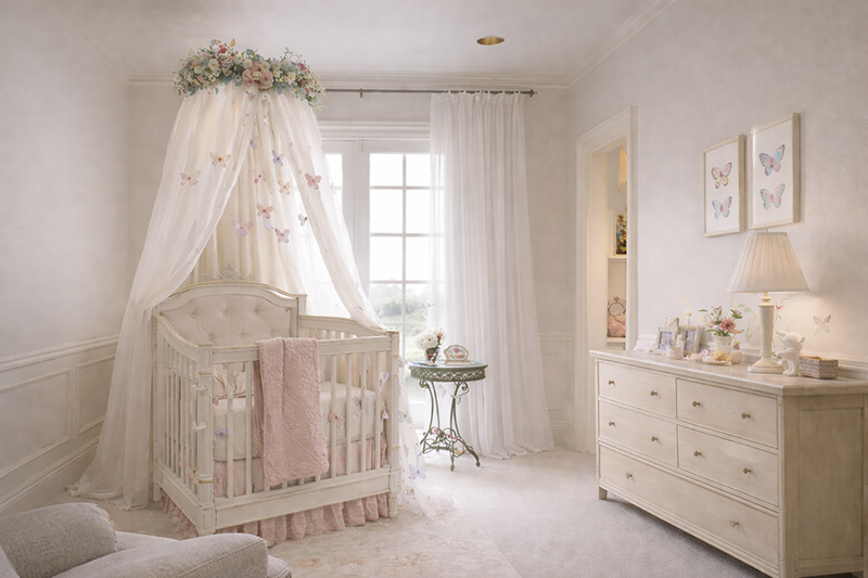Butterfly nursery with sheer butterfly curtains and butterfly print crib canopy