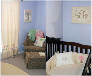 Butterfly baby bedding quilt with tree appliques and nursery curtains with butterfly appliques