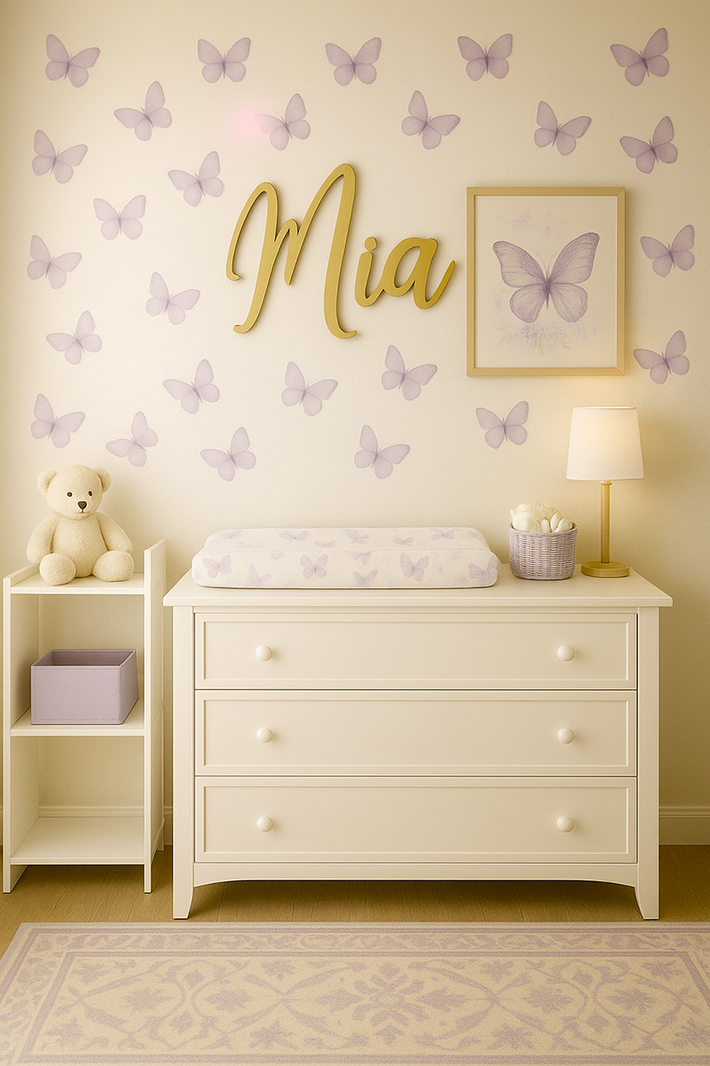 Lavender butterfly nursery changing table with soft purple storage baskets and a gold baby name sign above the dresser