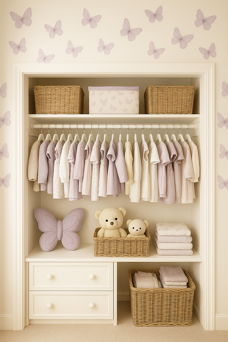 Beautifully organized baby girl closet in a lavender butterfly nursery with woven baskets, soft purple clothing, and plush toys