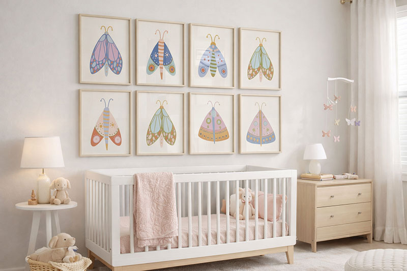 Butterfly nursery wall art with framed prints and soft watercolor butterflies above crib
