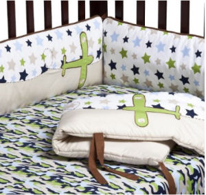 Airplane theme blue and green camo baby crib bedding set for a baby boy nursery