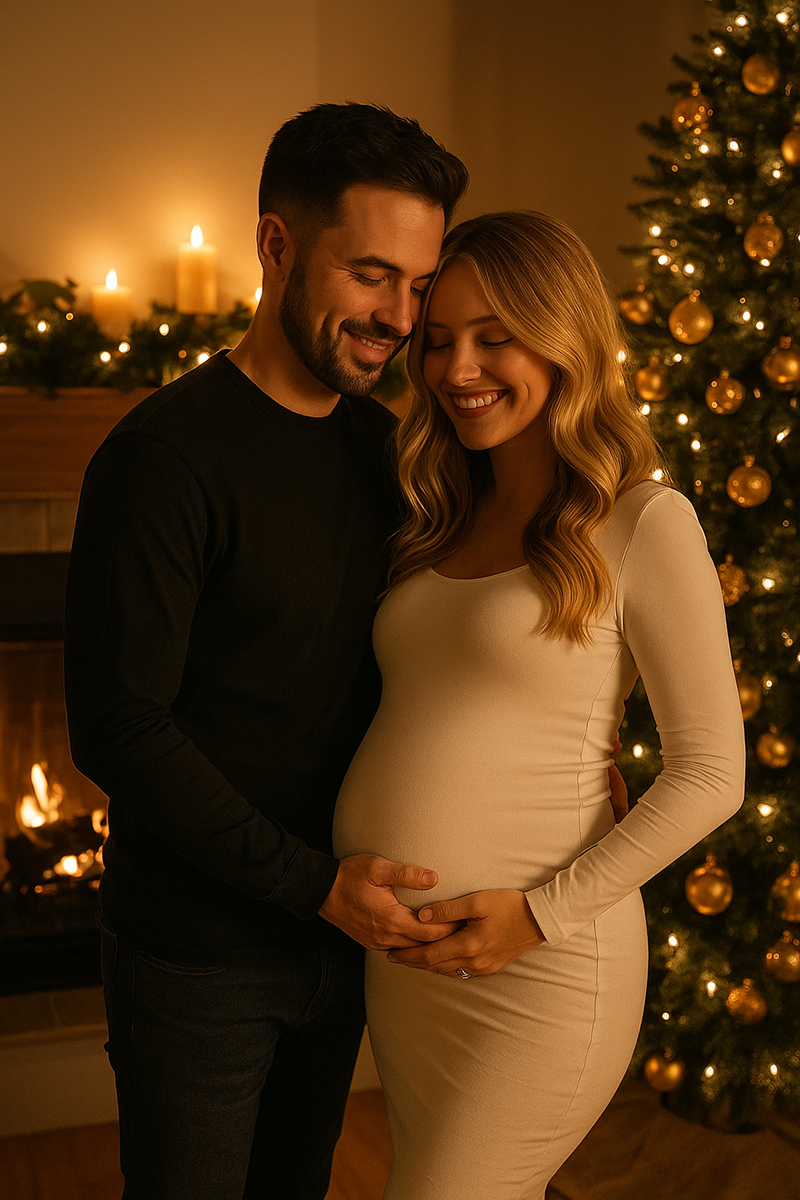 Expecting couple by a Christmas tree in soft candlelight during a holiday maternity photo shoot.