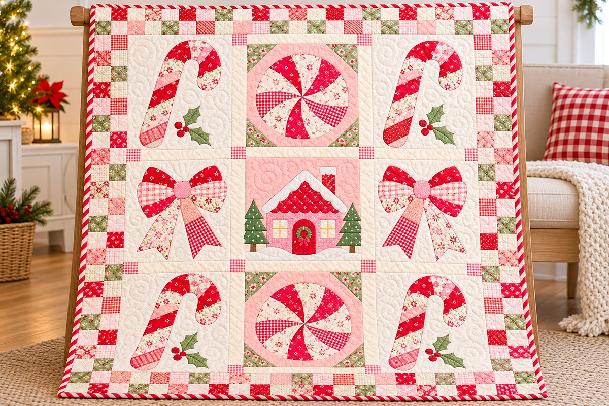 Peppermint Cottage Christmas candy cane quilt pattern featuring four patchwork candy canes two peppermint pinwheels two bows and a pink Christmas cottage with checkerboard border