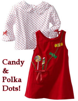 Baby girl Christmas dressed with holiday candy appliques on the pockets with a matching red and white polka dots onesie