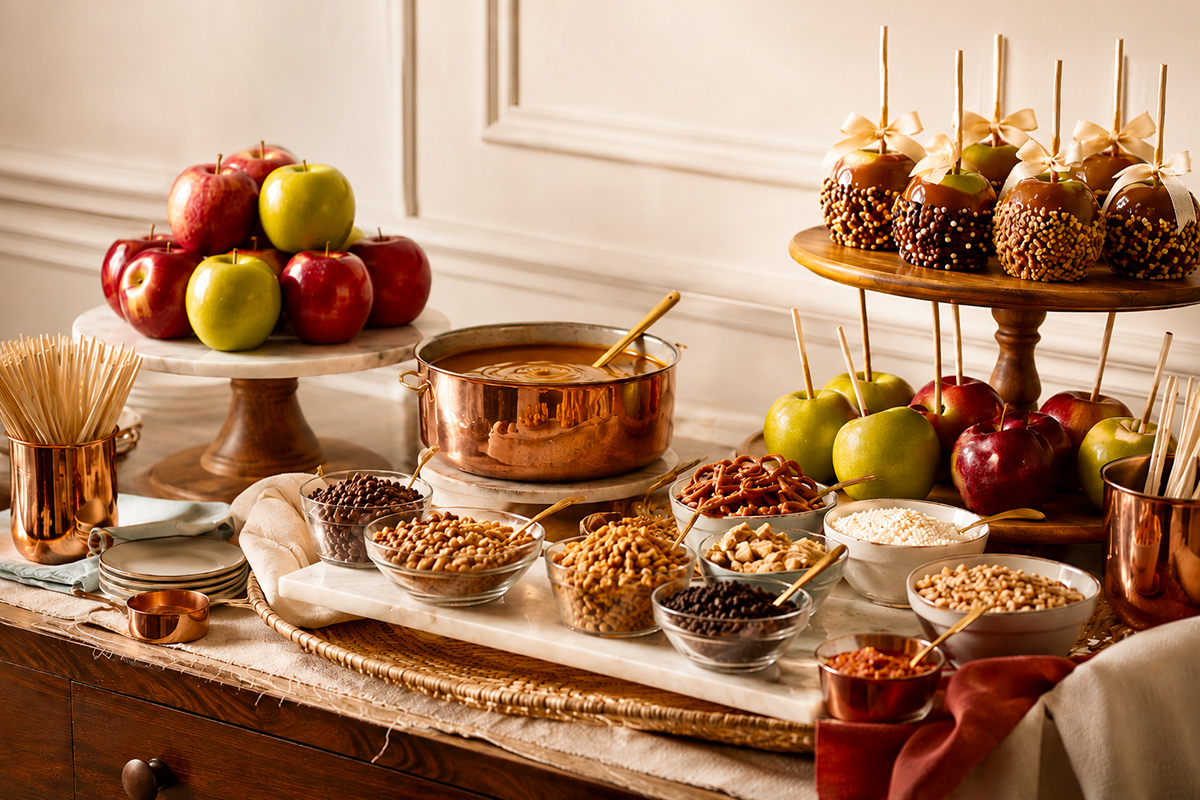 Caramel apple bar for a fall baby shower with apples, warm caramel and bowls of toppings on an autumn dessert table