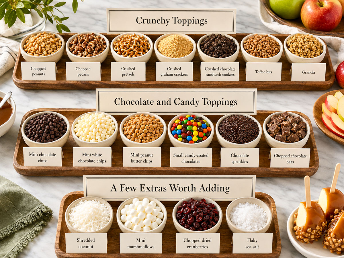 Caramel apple bar toppings arranged in labeled bowls including nuts, pretzels, chocolate chips, candy, coconut, marshmallows, dried cranberries and sea salt