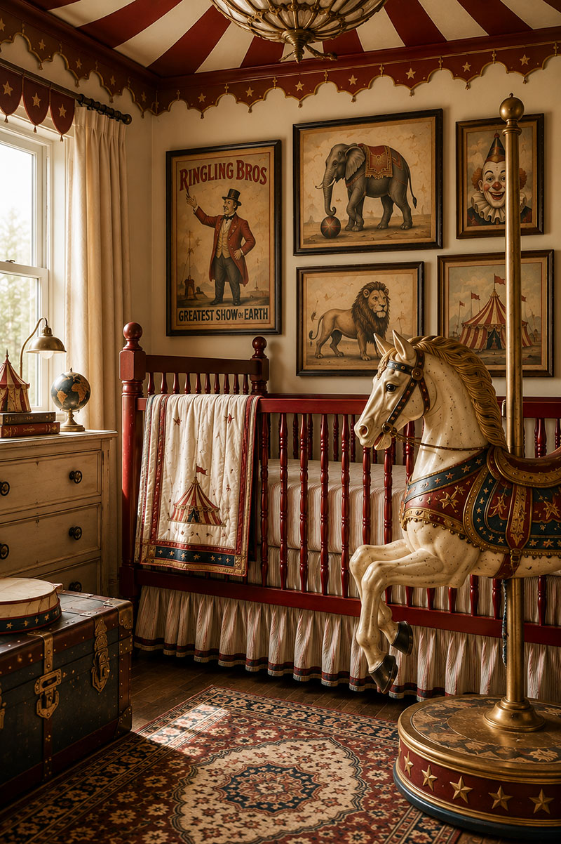 Circus nursery accessories with carousel horse, brass lighting, striped details, and vintage carnival accents
