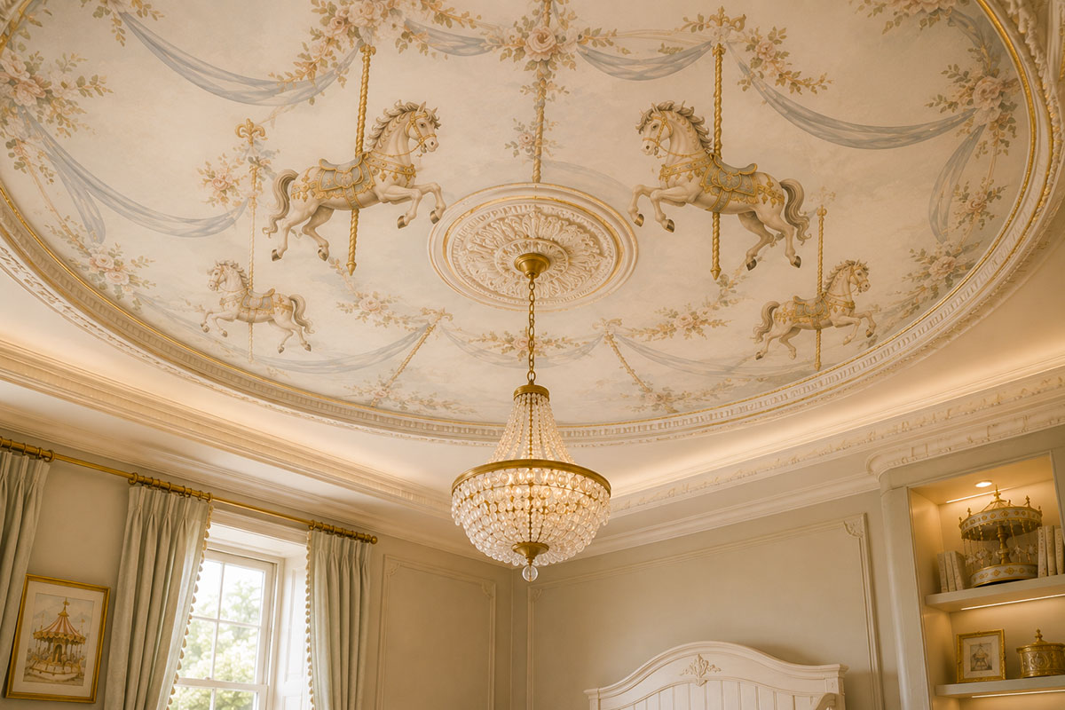 Carousel horse nursery ceiling mural with painted horses, floral garlands, soft blue ribbons and an ornate chandelier