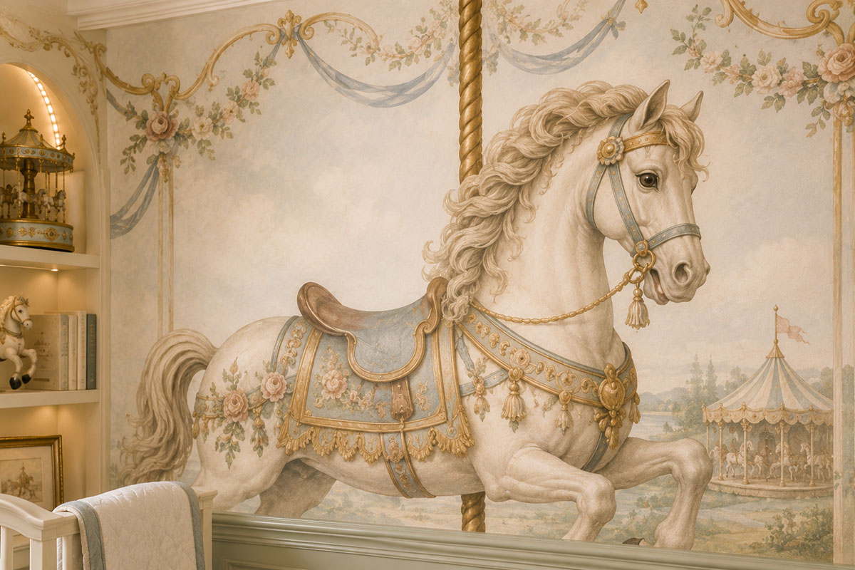 Close-up carousel horse nursery mural showing a painted saddle, flowers, decorative trim and vintage inspired details