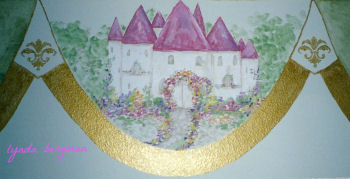 Pink fairytale princess castle mural for a baby girl nursery room theme