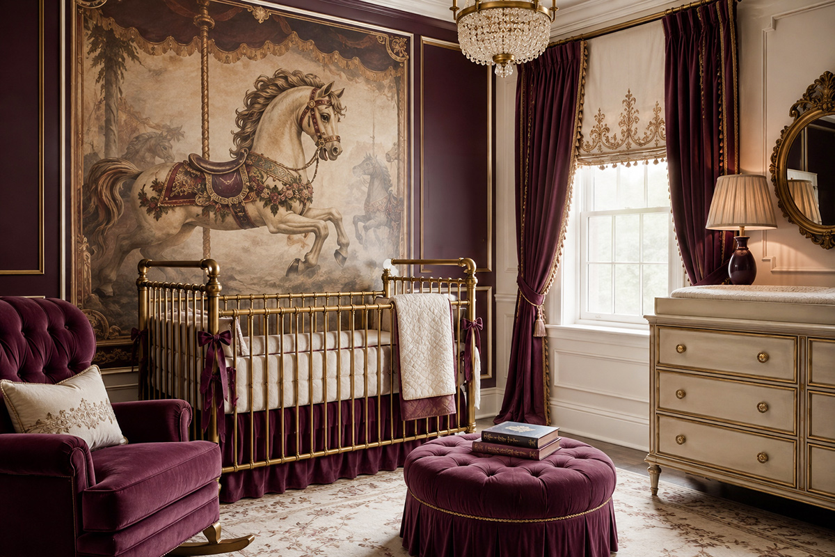 Elegant vintage carousel horse nursery theme with painted horse wall art, rich color and sophisticated baby room decor