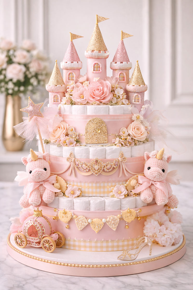 castle diaper cake baby shower centerpiece with soft pink and elegant details