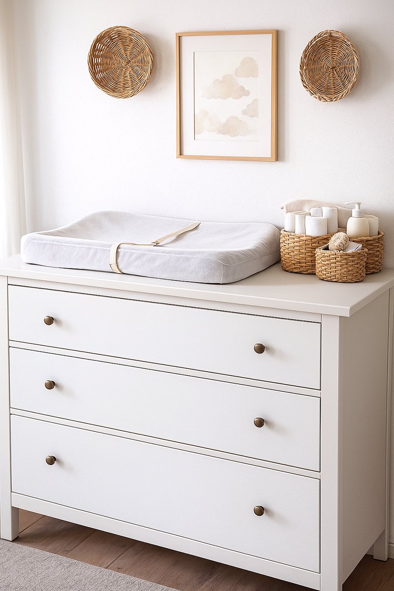 Small nursery dresser with a changing pad and baskets for baby supplies