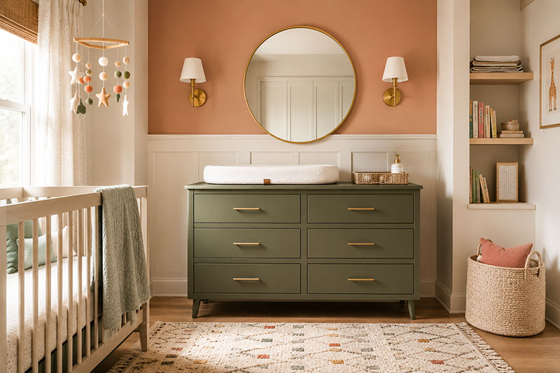 Modern nursery dresser with a changing pad and organized drawer storage.