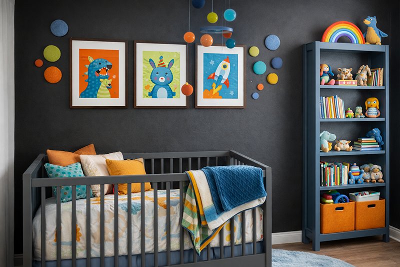 Neutral baby nursery with dark charcoal gray wall paint