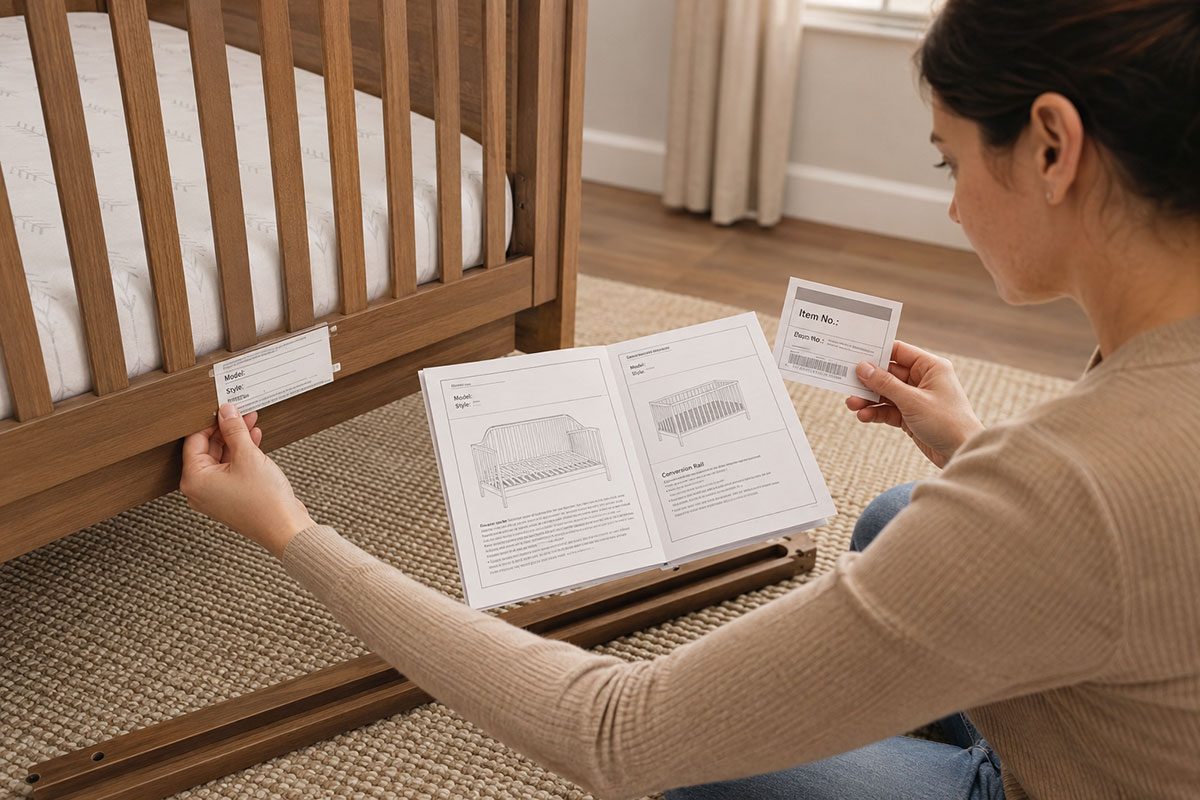 Delta crib model label, instruction manual and conversion rail item number compared for compatibility