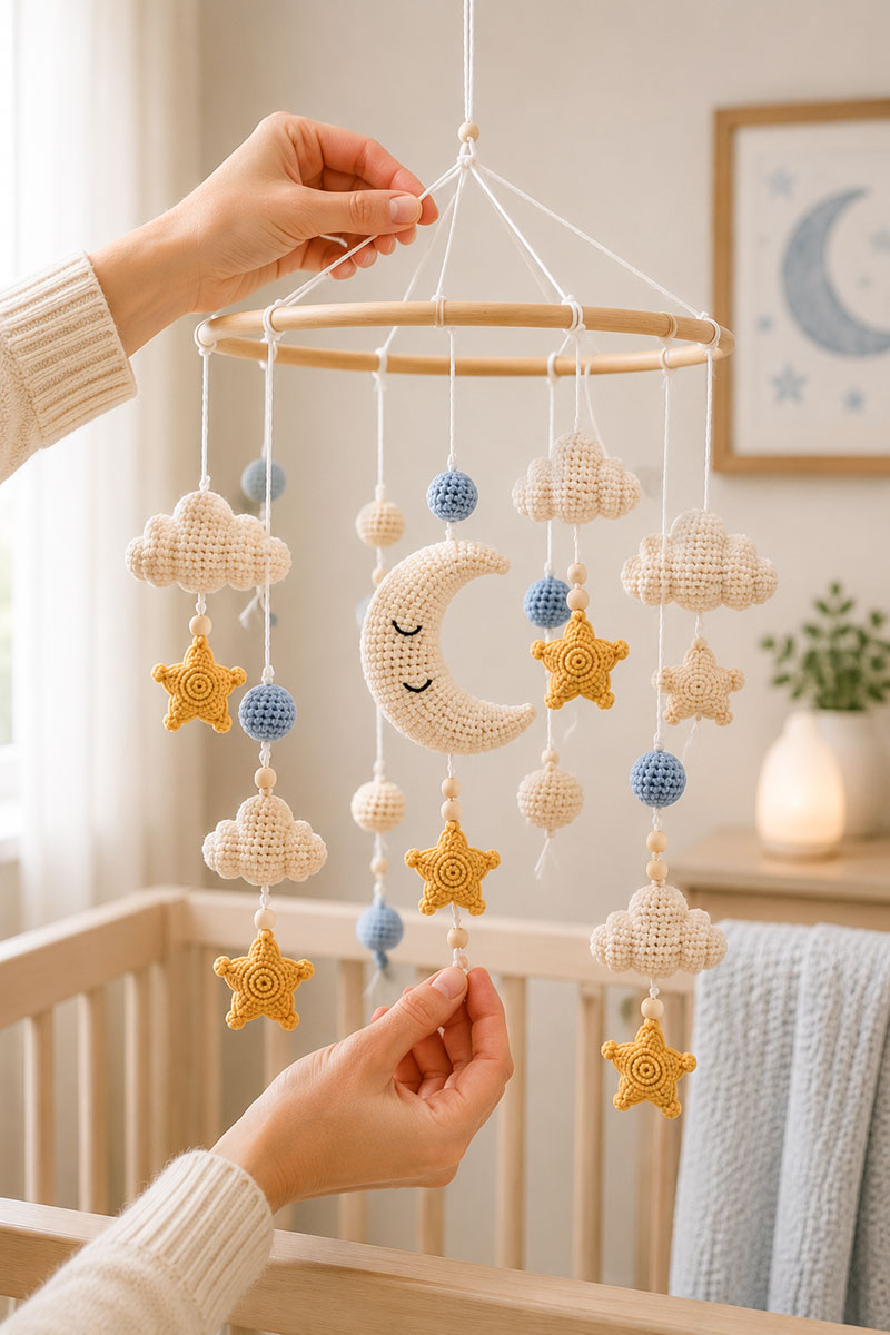 Inspecting the hanging cords and attachment points on a crochet nursery mobile