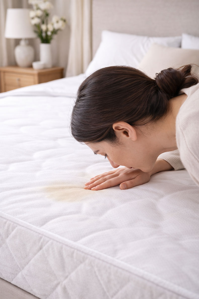 Magazine style bedroom scene showing a person checking a mattress surface for lingering odor after cleaning