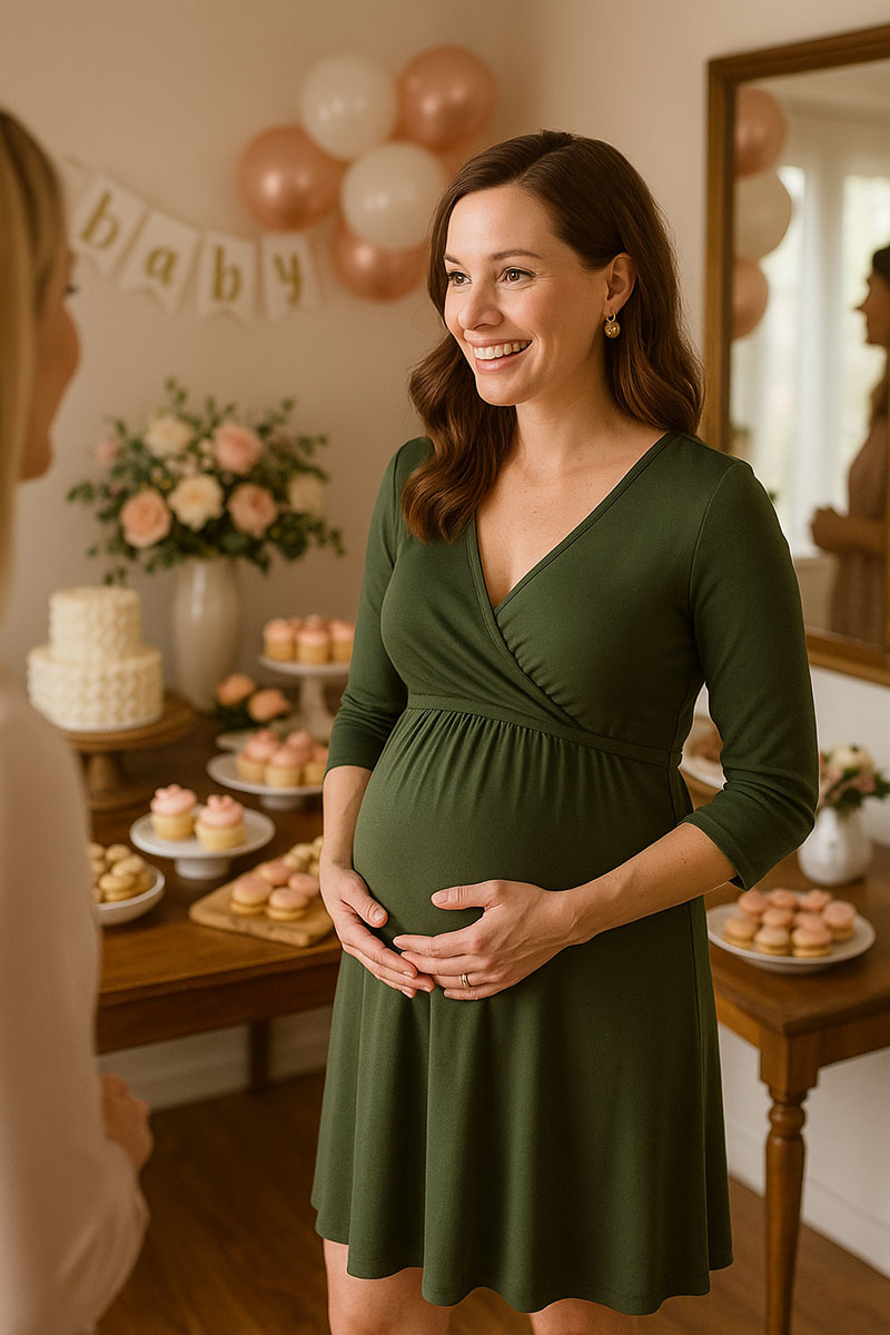 Pregnant woman in an elegant maternity dress standing near a mirror before a special winter evening event