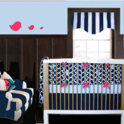 White PInk and Navy Nursery for a Baby Girl with a baby chicks crib bedding set and striped window valance and chair