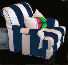Navy blue and white striped chair in a baby nursery with stripes and birds