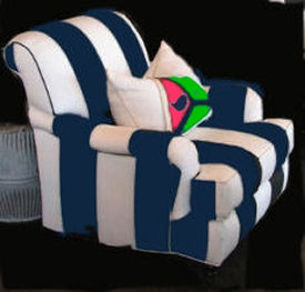 Navy blue and white striped upholstered nursery glider chair for modern baby room decor