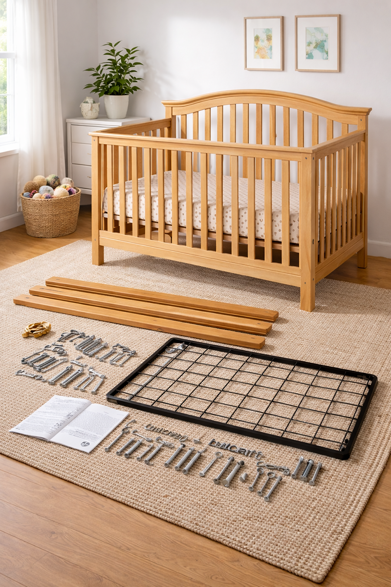 Childcraft crib replacement parts including side rails, bolts, and mattress support hardware